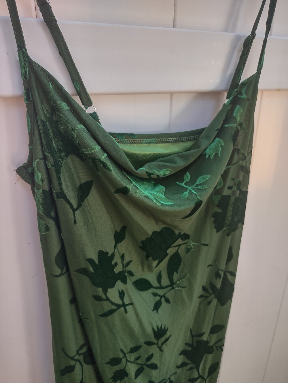Green Floral Velvet Cowl Neck Burnout Dress